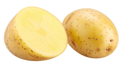 Close-up studio shot of a raw potato cut in half, isolated on a solid black background