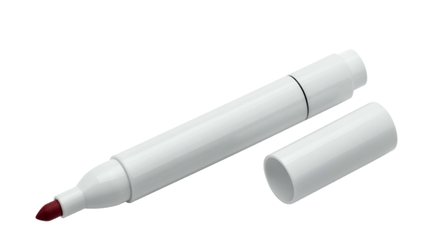 A white marker pen, cap removed, showing a red ink tip, resting on a stark black background