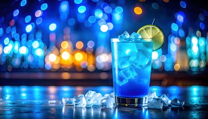 Vibrant Blue Cocktail with Lime Slice and Ice Cubes Against Bokeh Lights
