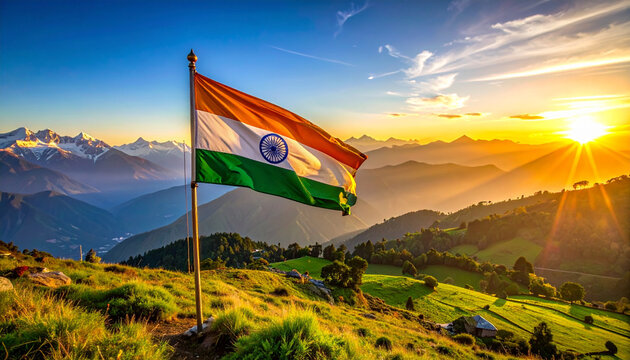 Golden Peaks of India: National Flag Above Snow-Capped Mountains and Sunset Valleys, Captured in Cinematic Detail as a Symbol of Nature, Culture, Pride, and Timeless Legacy