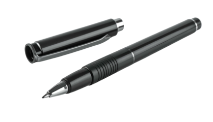 Black writing instrument, cap open, lying on a dark background. Metallic accents visible