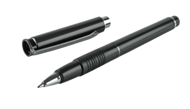 Black writing instrument, cap open, lying on a dark background. Metallic accents visible