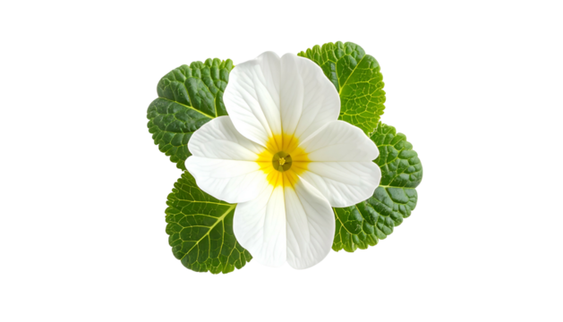 Close-up of a single white primrose flower with a yellow center and green leaves