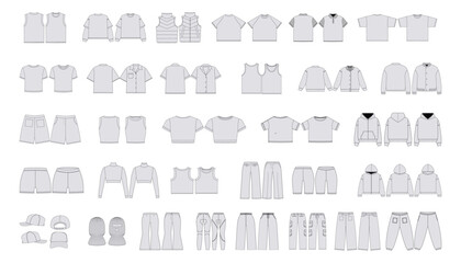 Technical clothing flats shirts vests shorts pants caps balaclavas hoodies and jackets