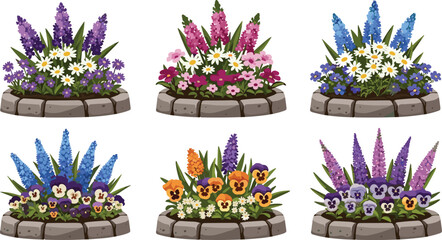 Fototapeta premium Colorful flower bed collection with daisies pansies lupines vibrant garden plants landscaping arrangement decorative blooming floral border illustration
