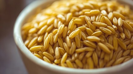 kamut. Close-up of a bowl containing cooked grains, highlighting their elongated shape. menu design, packaging mockups, designed for culinary blogs and recipe cards for restaurants.