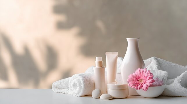 postbiotics. Skincare products and accessories arranged elegantly with soft focus. lifestyle magazines, social media lookbooks, designed for lifestyle magazines and social media content.