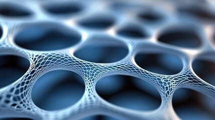 A close-up, abstract view of a white 3D mesh structure with hexagonal openings, set against a blurred blue background. The lighting creates a sense of depth and