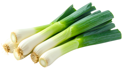 Close-up of several fresh leeks, white base fading into long green leaves, against a black backdrop