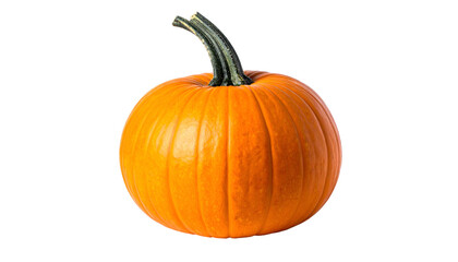 A vibrant, perfectly round, orange pumpkin with a dark green stem, isolated on black