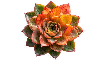 Close-up of a colorful succulent plant with layers of vibrant red, orange, green, and yellow leaves