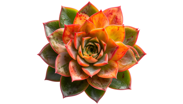 Close-up of a colorful succulent plant with layers of vibrant red, orange, green, and yellow leaves