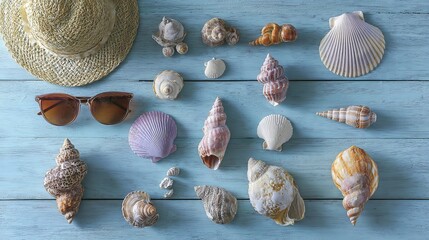 memorabilia. Seashell collection on blue wooden surface, coastal summer aesthetic. public awareness campaigns, NGO reports, designed for public awareness campaigns and NGO communications.