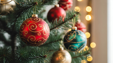 Obraz premium Festive christmas tree adorned with red and green baubles and twinkling lights