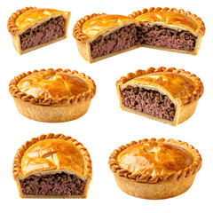 Meat pies, golden crusts, some cut. Isolated