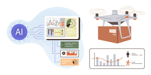 AI system analyzing charts and graphs, quadcopter delivering a package, automation workflows, and user data insights. Ideal for innovation, technology, automation, logistics, analytics efficiency