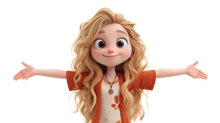 A warm hug from a darling cartoon girl with golden flowing hair ready to spread joy and on transparent background