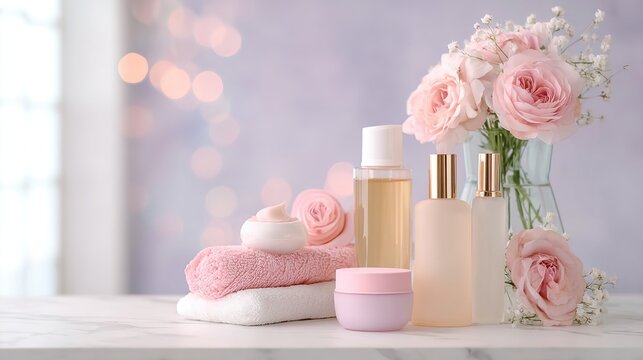 postbiotics. Skincare products and accessories arranged elegantly with soft focus. lifestyle magazines, social media lookbooks, designed for lifestyle magazines and social media content.