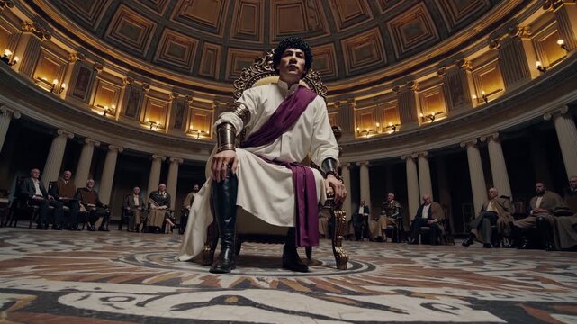 Man sits on marble throne. Roman emperor in toga poses. Surrounding column and mosaic floor frame subject. Audience watches from upper balcony under domed rotunda. Laurel crown emphasizes leader.
