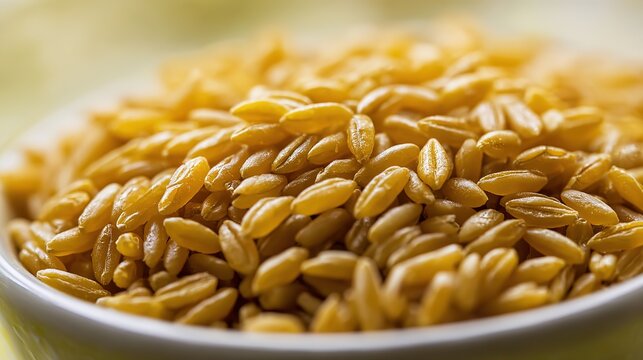 kamut. Close-up of a bowl containing cooked grains, highlighting their elongated shape. menu design, packaging mockups, designed for culinary blogs and recipe cards for restaurants.