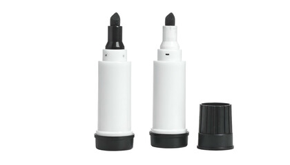 Two white and black markers with their tips facing up, one with the cap off