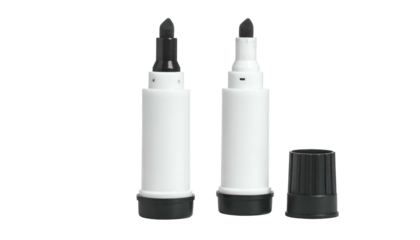 Two white and black markers with their tips facing up, one with the cap off