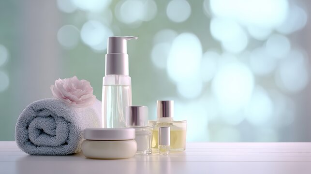 postbiotics. Skincare products and accessories arranged elegantly with soft focus. lifestyle magazines, social media lookbooks, designed for lifestyle magazines and social media content.