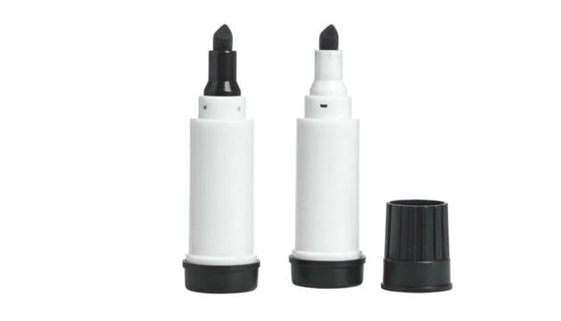 Two white and black markers with their tips facing up, one with the cap off