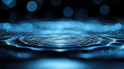 An abstract digital art piece featuring a swirling vortex of blue light and energy, with small white particles scattered across its surface. The background is d