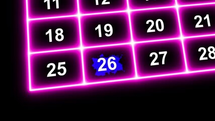 Marking the date number 26th, focusing on the number highlighted with a red cross or paint stain/ ink bloom on the calendar. Highlighting date Very important date on the calendar. Signing a day 