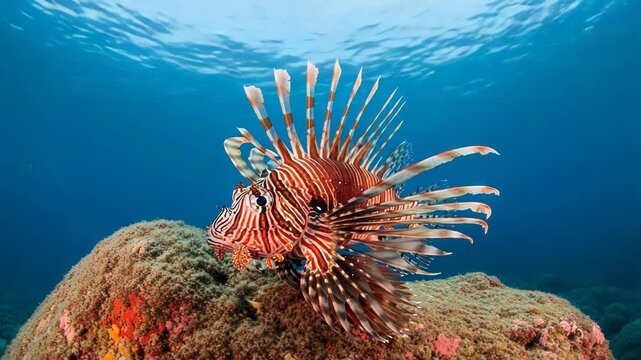 Vibrant lionfish with striking red and white stripes swimming near a coral rock formation in the clear blue ocean water