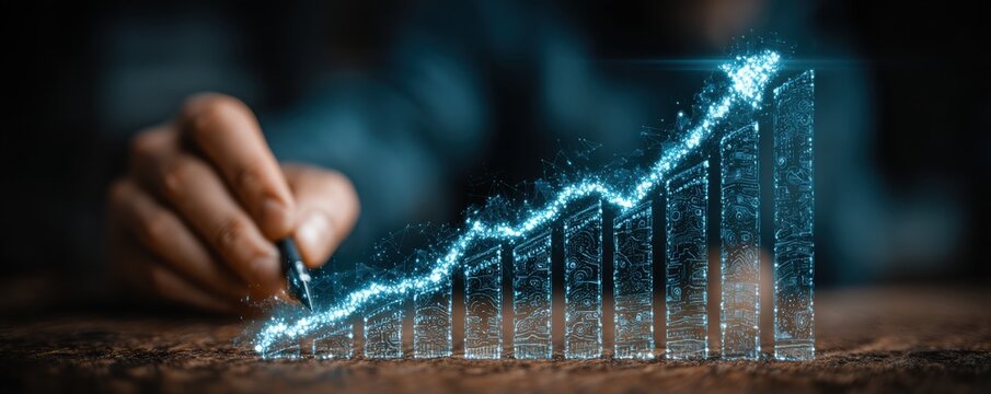 Business professionals using a tablet to draw an upward financial graph with holographic glow - Powered by Adobe