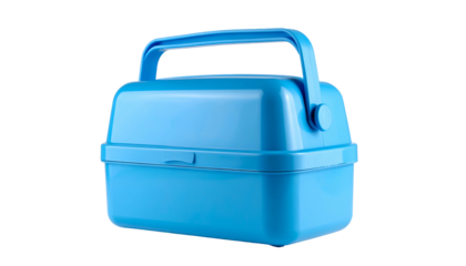 A small, light-blue, hard-sided container with a top handle, isolated on a black background