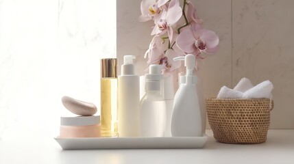 postbiotics. Skincare products and accessories arranged elegantly with soft focus. lifestyle magazines, social media lookbooks, designed for lifestyle magazines and social media content.