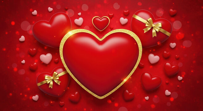 Valentines day concept with red hearts and golden outlines, holiday poster design for love and romantic occasions