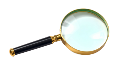 A classic magnifying glass with a black handle and gold accents, isolated against black