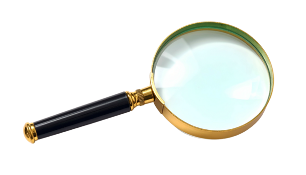 A classic magnifying glass with a black handle and gold accents, isolated against black
