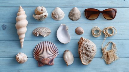 memorabilia. Seashell collection on blue wooden surface, coastal summer aesthetic. public awareness campaigns, NGO reports, designed for public awareness campaigns and NGO communications.