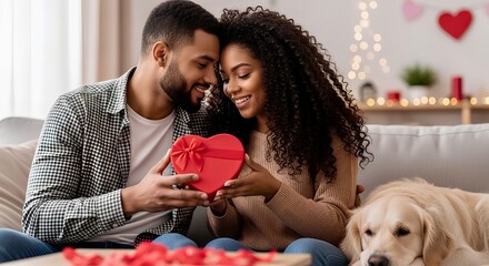 Happy Black couple in a cozy room as the man gives the woman a heart-shaped gift box, creating a warm and romantic Valentine’s Day moment