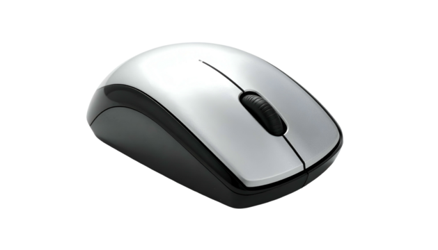 Modern wireless computer peripheral with a silver top, black trim, and scrolling wheel