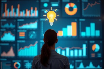 Image of a Woman Analyst Surrounded by Colorful Graphs and Floating Lightbulb Icons