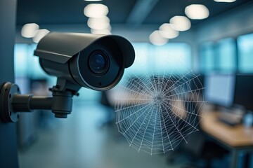 Symbolic Close-Up: Spiderweb Draped Security Camera Captures Intricate Office Security Network