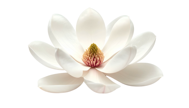 An isolated, delicate, white blossom with layered petals, yellow center, against black background