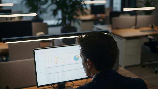 Man looking at graphs on a computer screen in an office setting