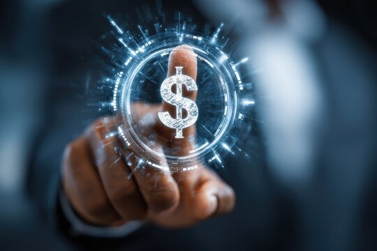 Businessman touching a futuristic dollar sign icon, representing digital finance and financial technology - Powered by Adobe