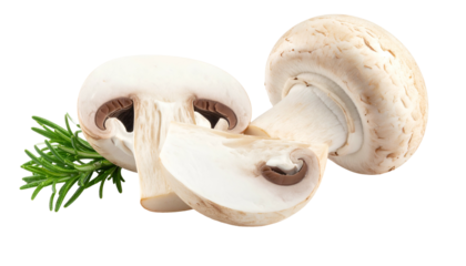 Close-up of fresh, raw, white button mushrooms, some sliced, with green herb sprig