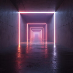 Obraz premium Endless futuristic tunnel with glowing neon pink and purple light squares receding into the distance