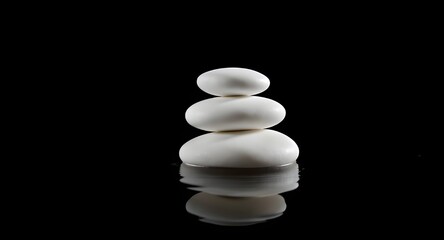 Balanced white pebble stack above mirror-like surface with gentle natural reflections