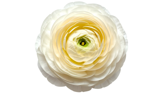 Close-up of a perfectly formed, white flower with layers of delicate petals