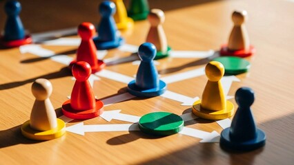 group of people playing chess, Wooden desk displays colorful peg figures connected by lines and circles. Figures form a clear organizational chart. Represents business structure teamwork and clear rep